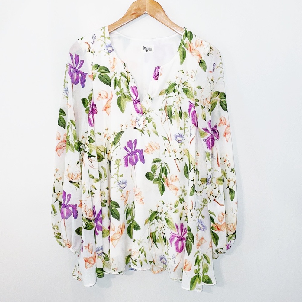 SHOW ME YOUR MUMU Cream Floral Sheer Blouse EUC Size Small